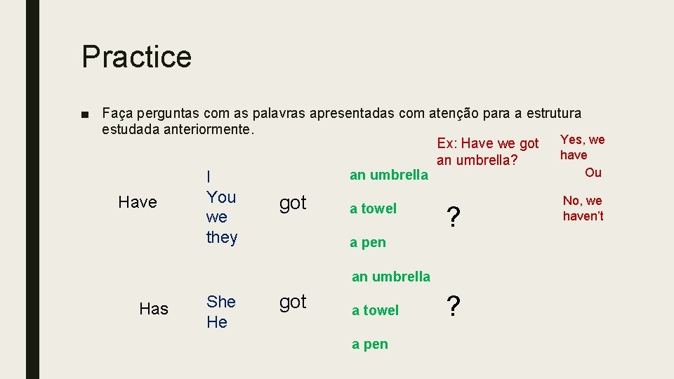 Practice ■ Faça perguntas com as palavras apresentadas com atenção para a estrutura estudada