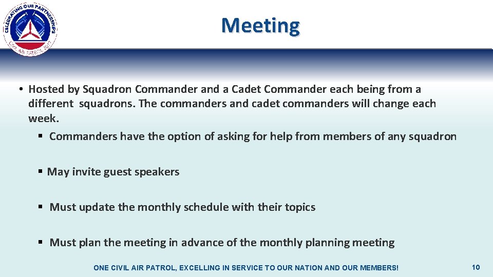 Meeting • Hosted by Squadron Commander and a Cadet Commander each being from a