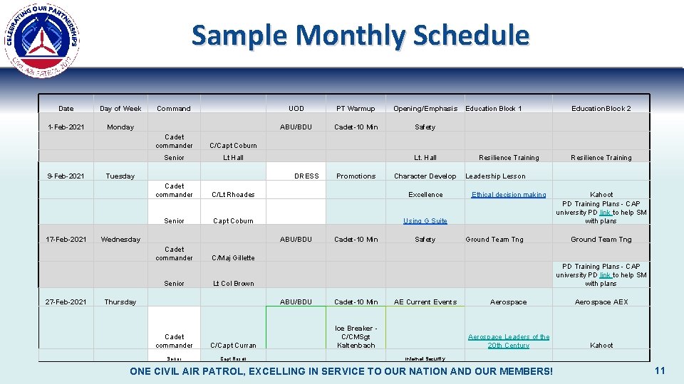 Sample Monthly Schedule Date Day of Week 1 -Feb-2021 Monday 9 -Feb-2021 17 -Feb-2021