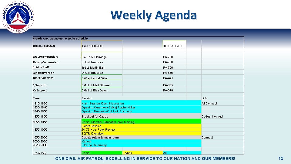 Weekly Agenda Weekly Group/Squadron Meeting Schedule Date: 17 Feb 2021 Time 1800 -2030 UOD: