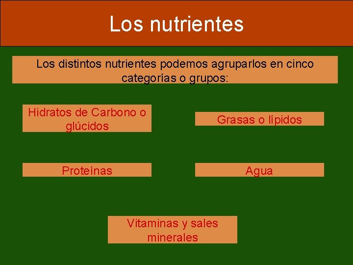 Los nutrientes Los distintos nutrientes podemos agruparlos en cinco categorías o grupos: Hidratos de