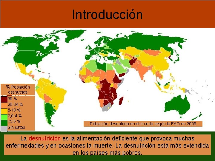 Introducción % Población desnutrida 35 % 20 -34 % 5 -19 % 2, 5