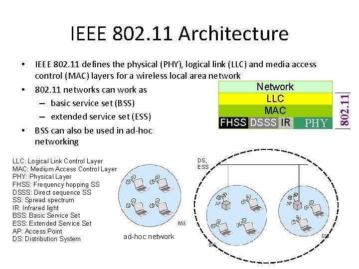  • • • IEEE 802. 11 defines the physical (PHY), logical link (LLC)