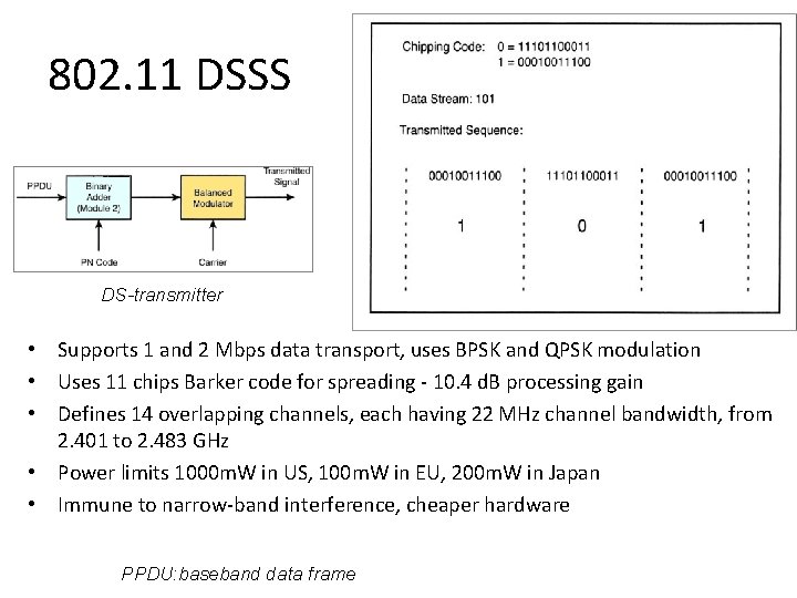 802. 11 DSSS DS-transmitter • Supports 1 and 2 Mbps data transport, uses BPSK