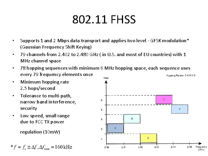 802. 11 FHSS • • • Supports 1 and 2 Mbps data transport and