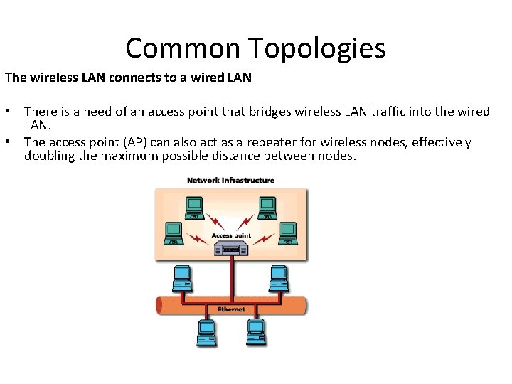 Common Topologies The wireless LAN connects to a wired LAN • There is a