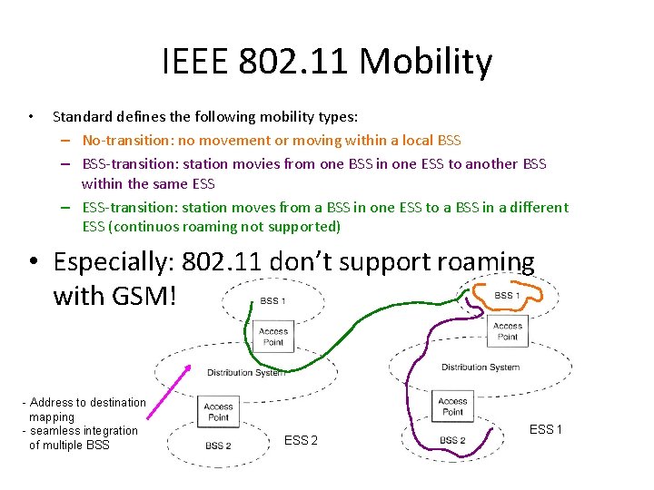 IEEE 802. 11 Mobility • Standard defines the following mobility types: – No-transition: no