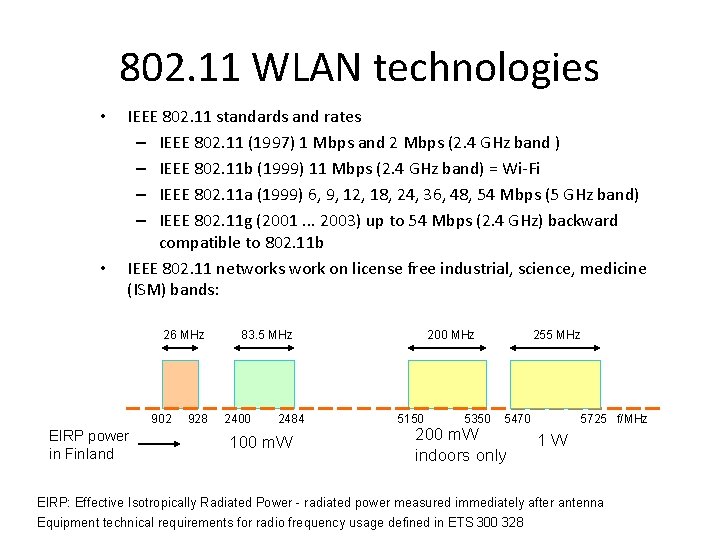 802. 11 WLAN technologies • • IEEE 802. 11 standards and rates – IEEE