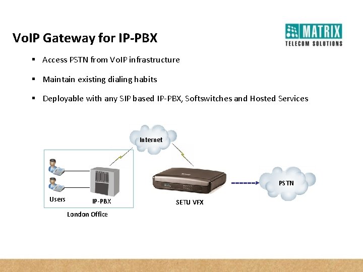 Vo. IP Gateway for IP-PBX § Access PSTN from Vo. IP infrastructure § Maintain