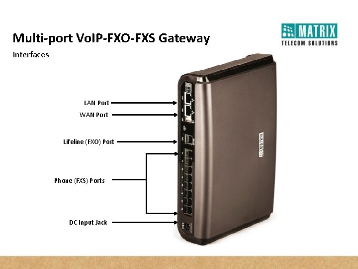 Multi-port Vo. IP-FXO-FXS Gateway Interfaces LAN Port WAN Port Lifeline (FXO) Port Phone (FXS)