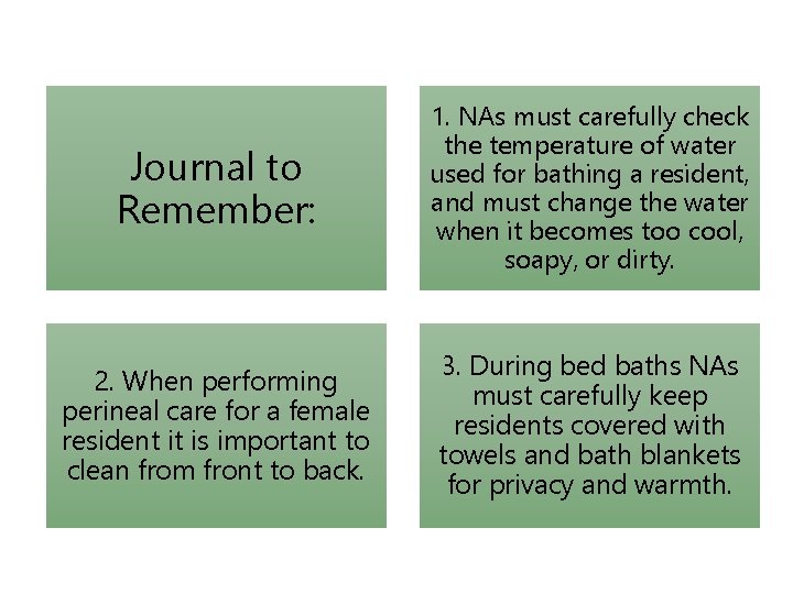 1. NAs 3. Explain guidelines for assisting with bathing Journal to Remember: must carefully