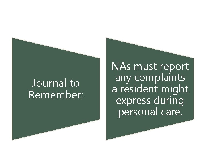 1. Explain personal care of residents Journal to Remember: NAs must report any complaints