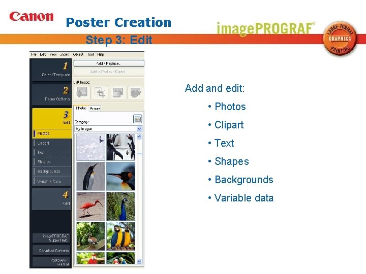 Poster Creation Step 3: Edit Add and edit: • Photos • Clipart • Text