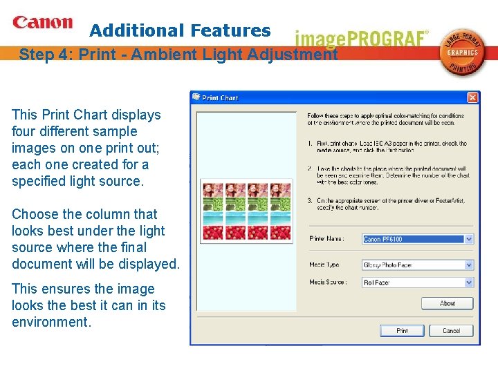 Additional Features Step 4: Print - Ambient Light Adjustment This Print Chart displays four