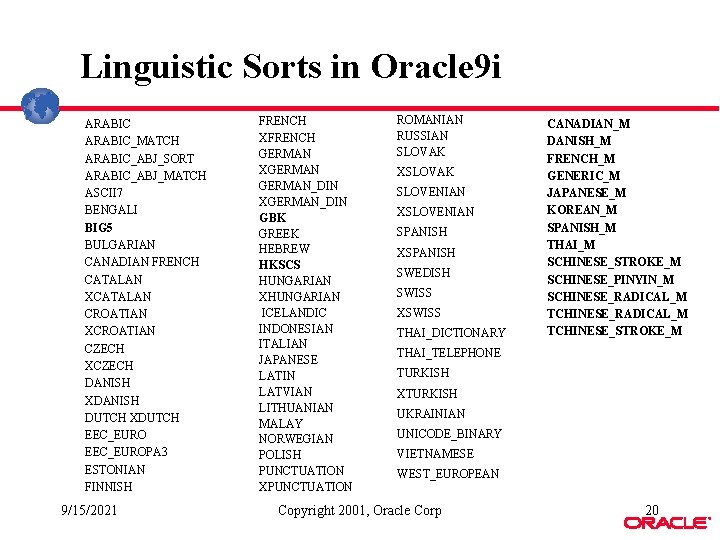 Linguistic Sorts in Oracle 9 i ARABIC_MATCH ARABIC_ABJ_SORT ARABIC_ABJ_MATCH ASCII 7 BENGALI BIG 5 Linguistic Sorts in Oracle 9 i ARABIC_MATCH ARABIC_ABJ_SORT ARABIC_ABJ_MATCH ASCII 7 BENGALI BIG 5