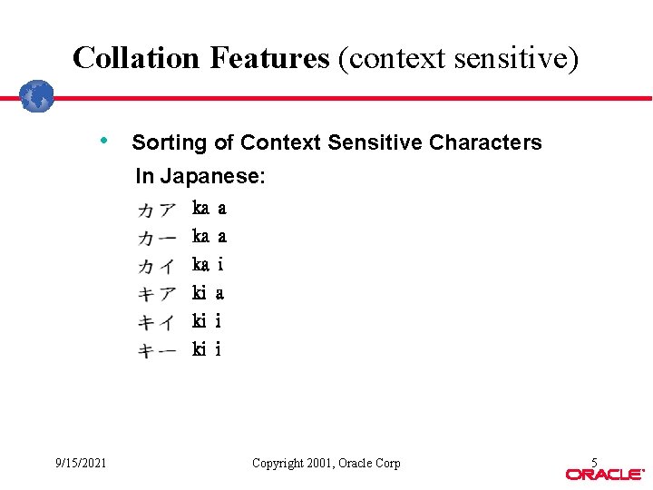 Collation Features (context sensitive) • Sorting of Context Sensitive Characters In Japanese: ka a Collation Features (context sensitive) • Sorting of Context Sensitive Characters In Japanese: ka a