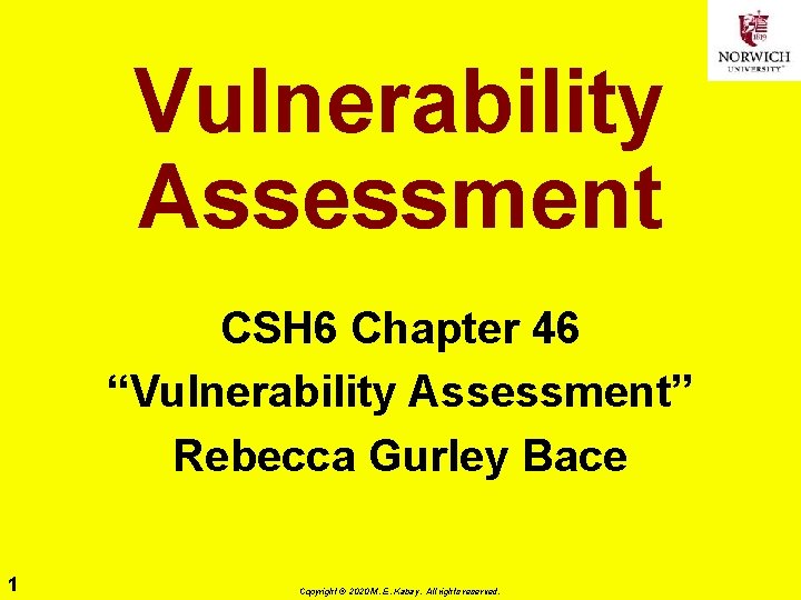 Vulnerability Assessment CSH 6 Chapter 46 “Vulnerability Assessment” Rebecca Gurley Bace 1 Copyright ©