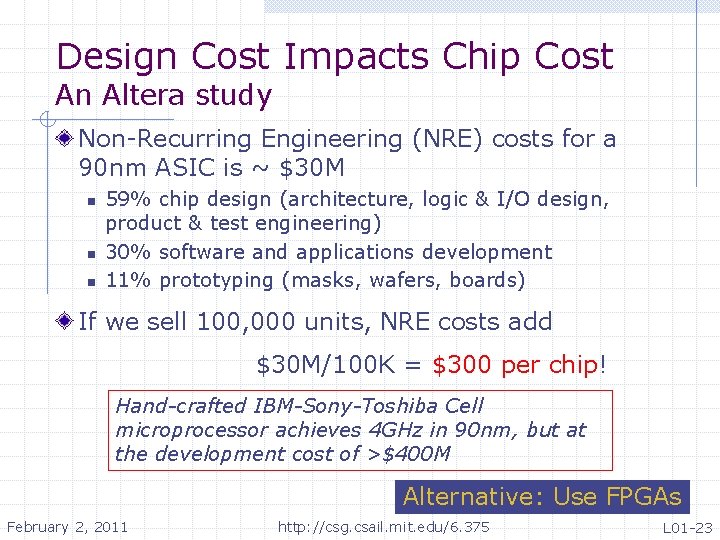 Design Cost Impacts Chip Cost An Altera study Non-Recurring Engineering (NRE) costs for a