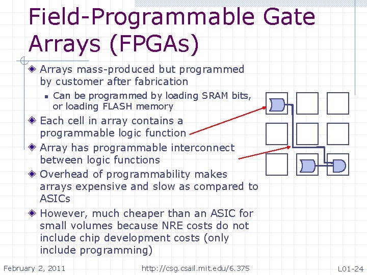 Field-Programmable Gate Arrays (FPGAs) Arrays mass-produced but programmed by customer after fabrication n Can