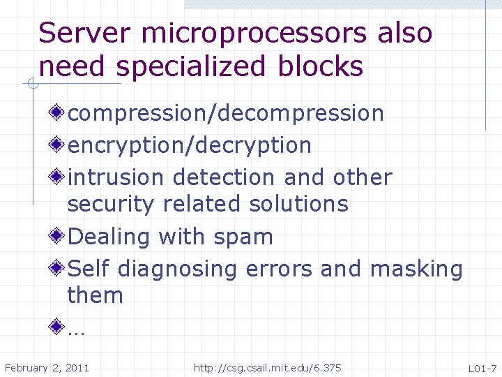 Server microprocessors also need specialized blocks compression/decompression encryption/decryption intrusion detection and other security related