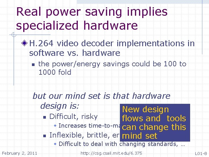 Real power saving implies specialized hardware H. 264 video decoder implementations in software vs.