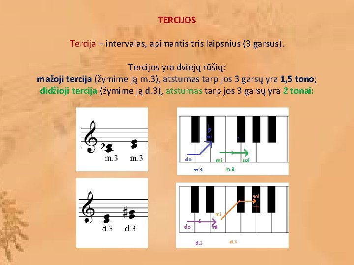 TERCIJOS Tercija – intervalas, apimantis tris laipsnius (3 garsus). Tercijos yra dviejų rūšių: mažoji