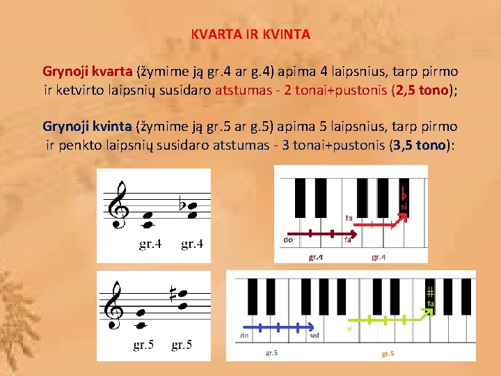 KVARTA IR KVINTA Grynoji kvarta (žymime ją gr. 4 ar g. 4) apima 4