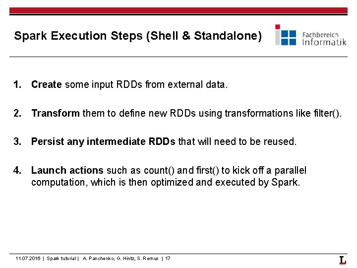 Spark Execution Steps (Shell & Standalone) 1. Create some input RDDs from external data.