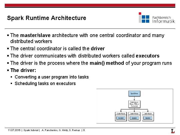 Spark Runtime Architecture § The master/slave architecture with one central coordinator and many distributed