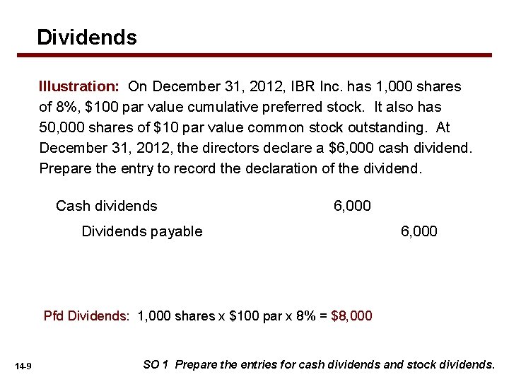 Dividends Illustration: On December 31, 2012, IBR Inc. has 1, 000 shares of 8%,