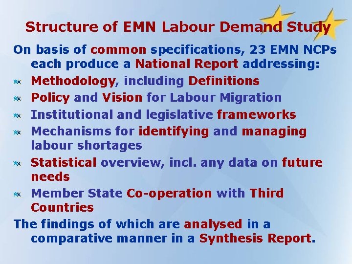 Structure of EMN Labour Demand Study On basis of common specifications, 23 EMN NCPs