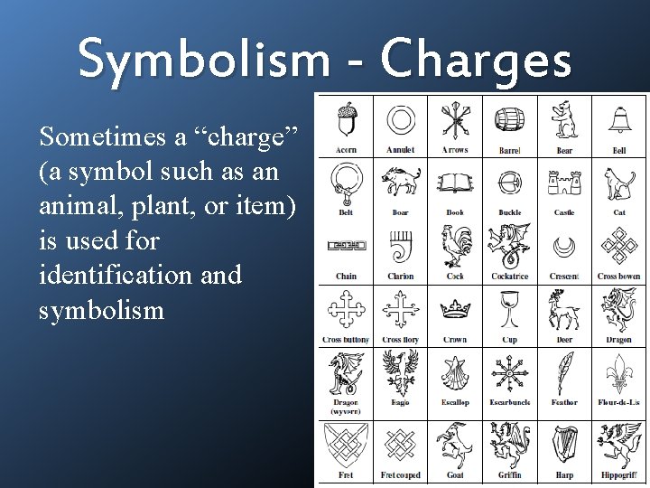 Symbolism - Charges Sometimes a “charge” (a symbol such as an animal, plant, or