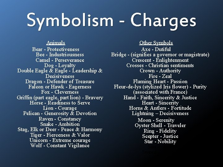 Symbolism - Charges Animals Bear - Protectiveness Bee - Industriousness Camel - Perseverance Dog