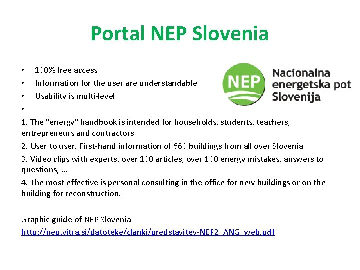 Portal NEP Slovenia • 100% free access • Information for the user are understandable
