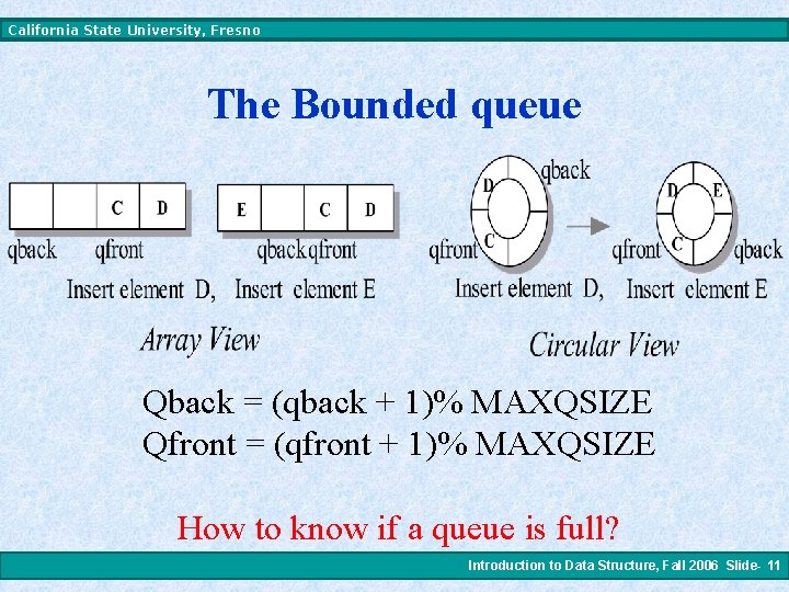 California State University, Fresno The Bounded queue Qback = (qback + 1)% MAXQSIZE Qfront