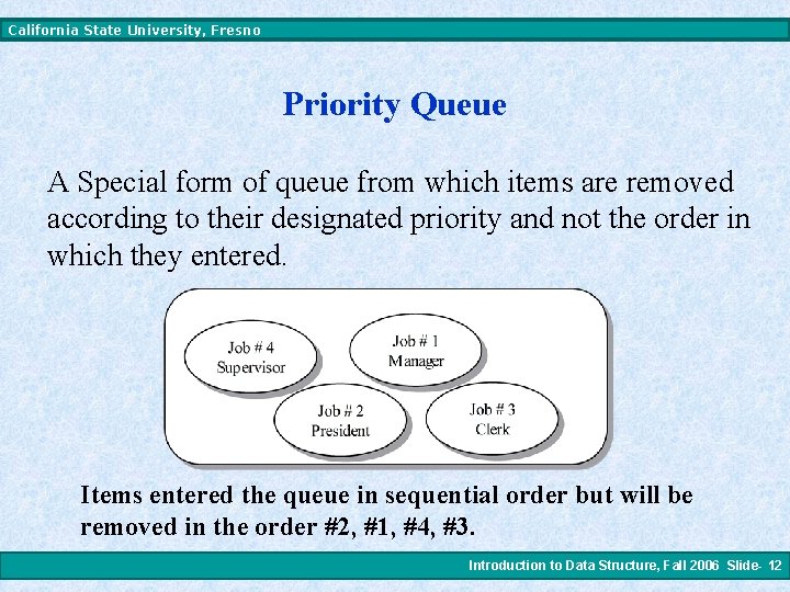 California State University, Fresno Priority Queue A Special form of queue from which items