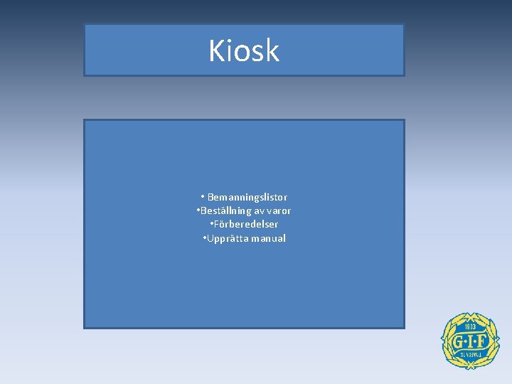 Kiosk • Bemanningslistor • Beställning av varor • Förberedelser • Upprätta manual 