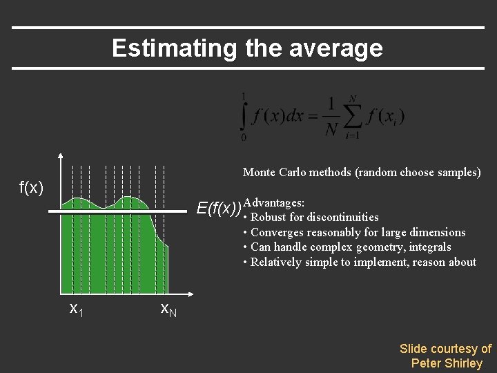 Estimating the average Monte Carlo methods (random choose samples) f(x) E(f(x)) Advantages: • Robust