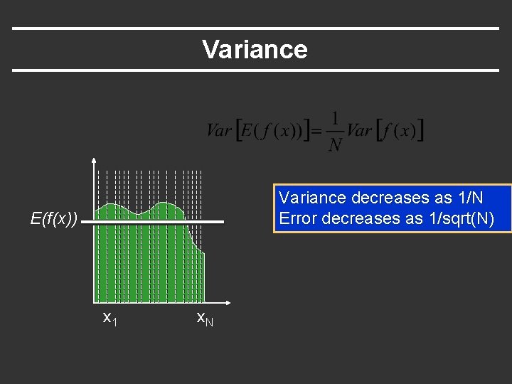 Variance decreases as 1/N Error decreases as 1/sqrt(N) E(f(x)) x 1 x. N 