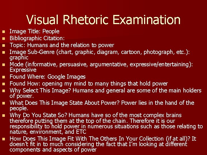 Visual Rhetoric Examination n n Image Title: People Bibliographic Citation: Topic: Humans and the