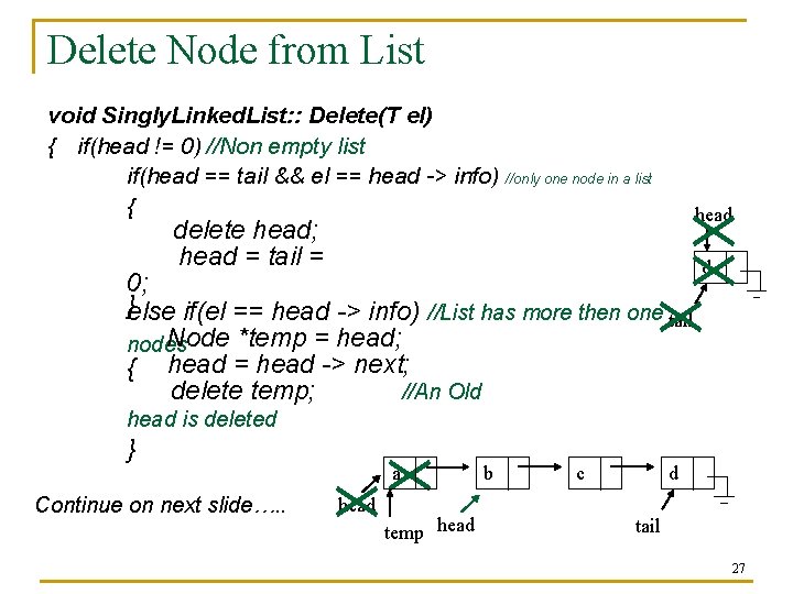 Delete Node from List void Singly. Linked. List: : Delete(T el) { if(head !=