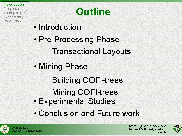 Introduction Pre-processing Mining Phase Experiments Conclusion Outline • Introduction • Pre-Processing Phase Transactional Layouts