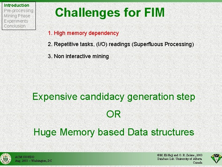 Introduction Pre-processing Mining Phase Experiments Conclusion Challenges for FIM 1. High memory dependency 2.