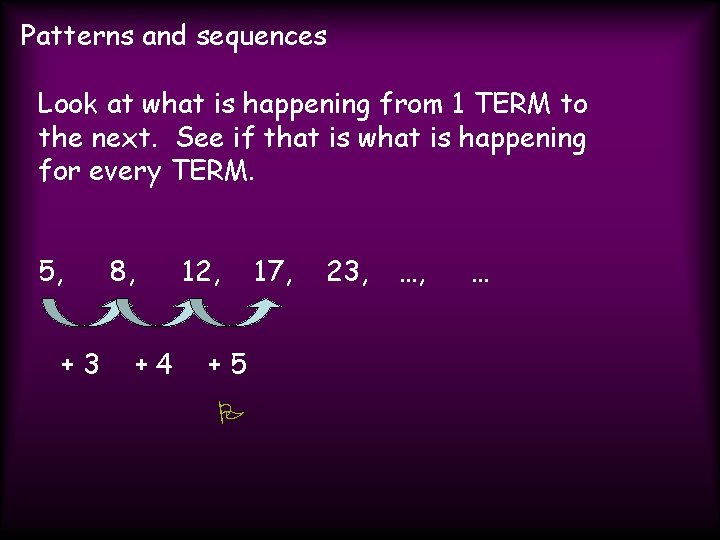 Patterns and sequences Look at what is happening from 1 TERM to the next.