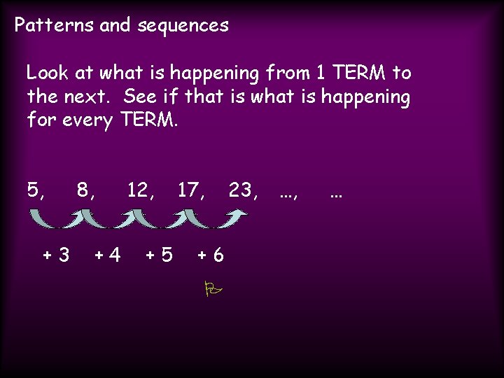 Patterns and sequences Look at what is happening from 1 TERM to the next.