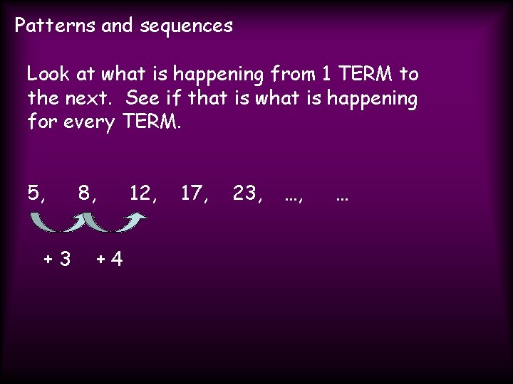 Patterns and sequences Look at what is happening from 1 TERM to the next.