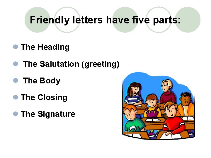 Friendly letters have five parts: l The Heading l The Salutation (greeting) l The