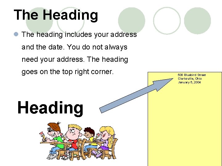 The Heading l The heading includes your address and the date. You do not