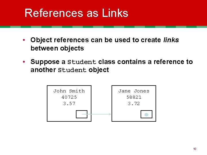 References as Links • Object references can be used to create links between objects
