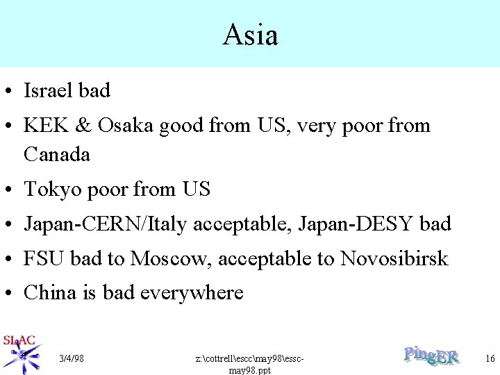 Asia • Israel bad • KEK & Osaka good from US, very poor from